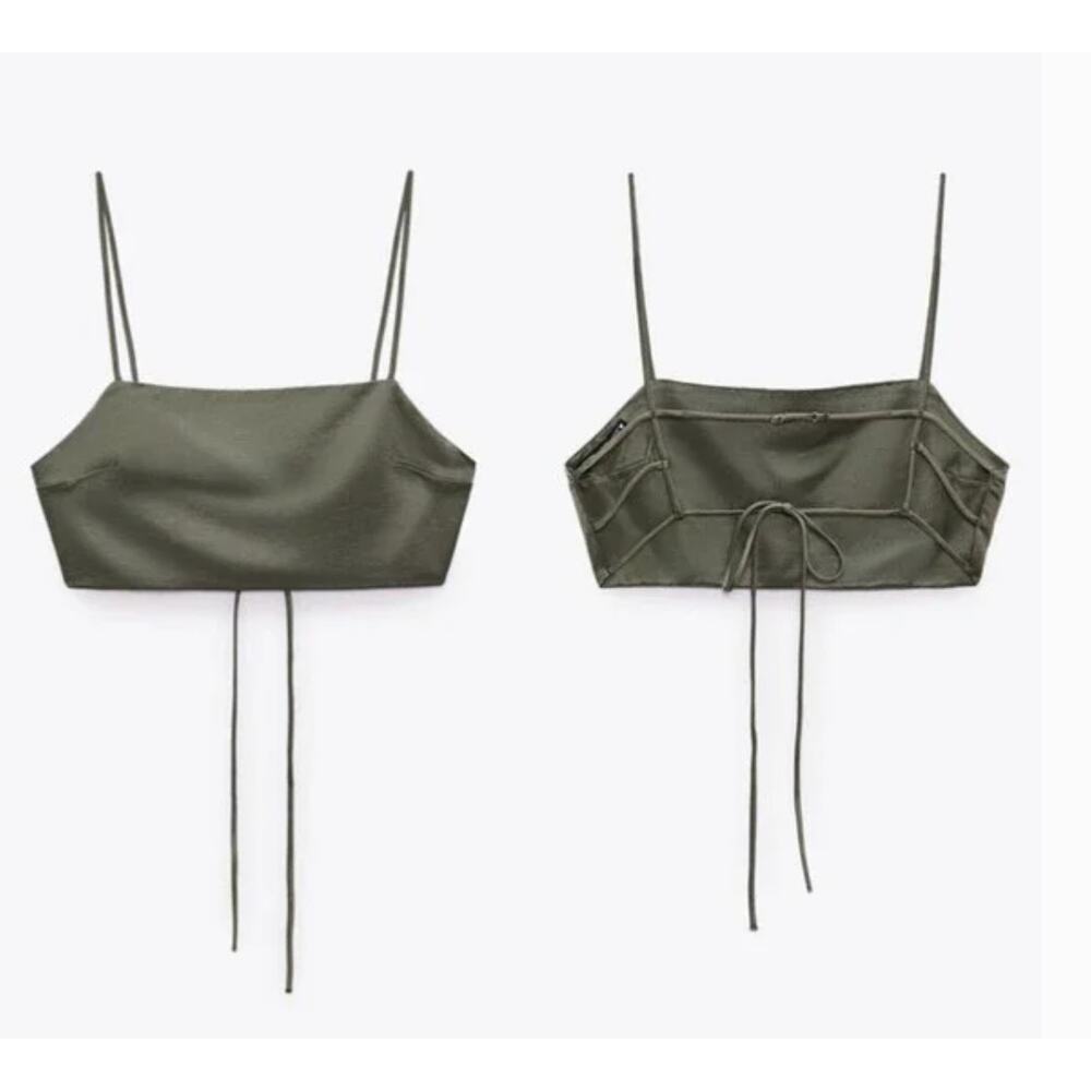 Zara Satin Square Neck Strappy Back Crop Top in‎ Olive Green Womens Large
